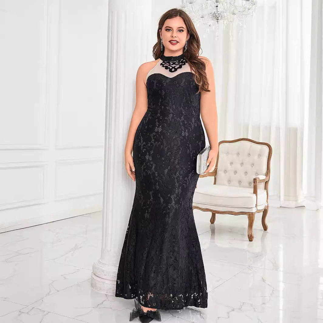 Plus Size Solid Color Small Round Neck Sleeveless Dress Elegant Slim Fit Sheath Cocktail Evening Dress