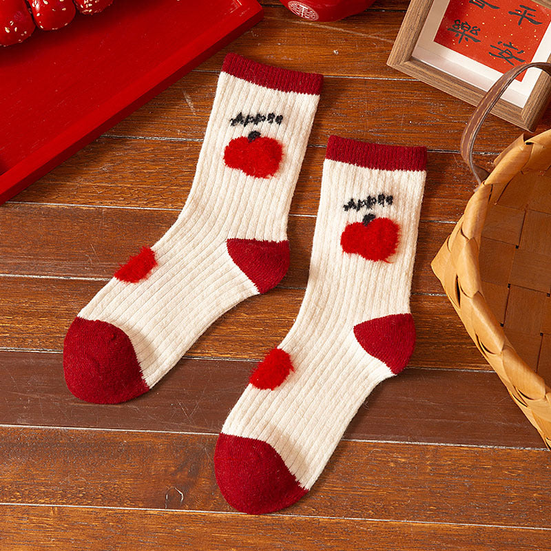 Thick Wool Red Cute Mid Calf Christmas Socks