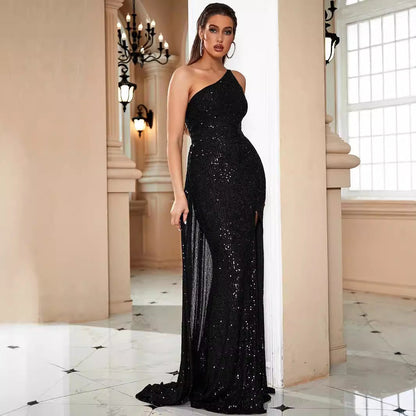 Sling Shoulder Black Dinner Sequ Dress