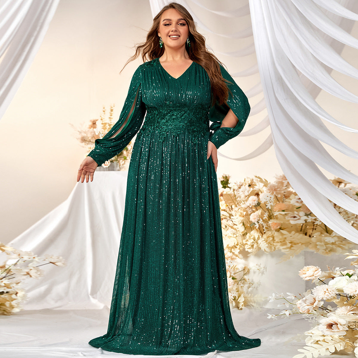Plus Size Evening Dress Sequined V neck Split Long Sleeve Prom Evening Gown Mopping Dress