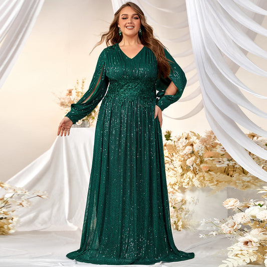 Plus Size Evening Dress Sequined V neck Split Long Sleeve Prom Evening Gown Mopping Dress