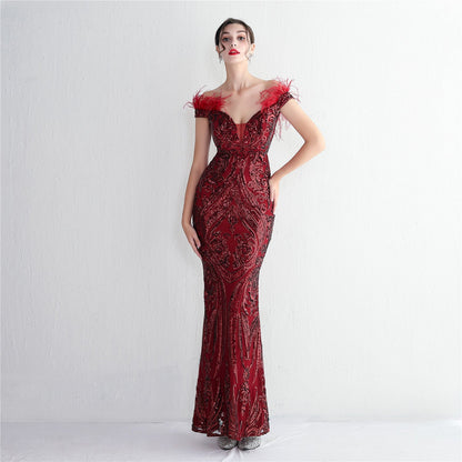 High Density Three Dimensional Strong Sequin Positioning Floral Craft Handmade Wool Cocktail Slim Fit Evening Dress