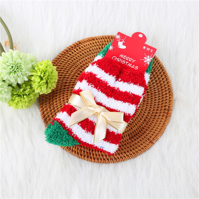 Coral Fleece Thick Bow Santa Tree Elk Christmas Socks