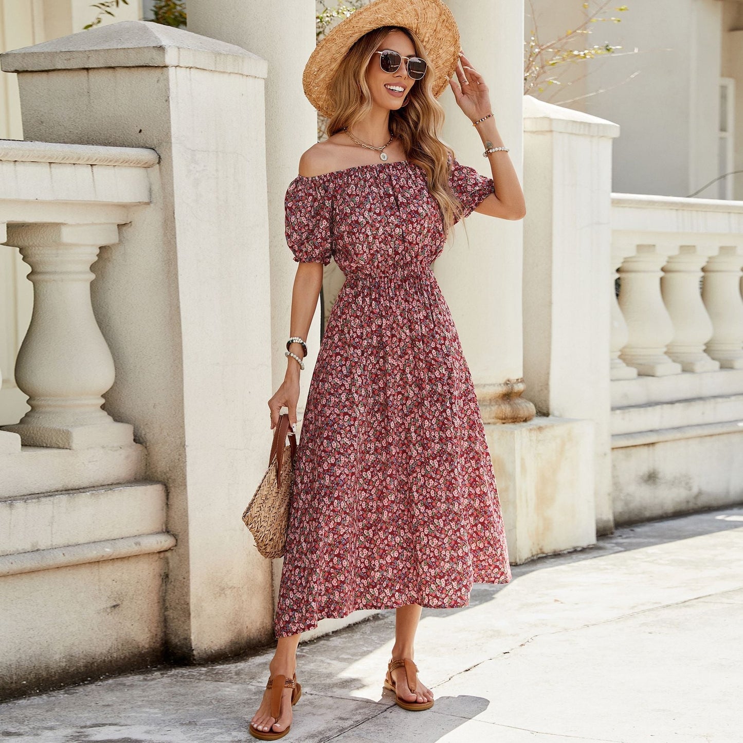 Floral off Shoulder Short Sleeve Retro Vacation Dress