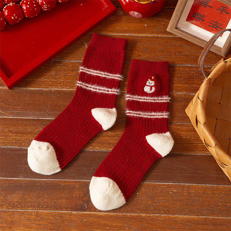 Cashmere Cartoon Embroidered Thick Warm Crew Christmas Socks