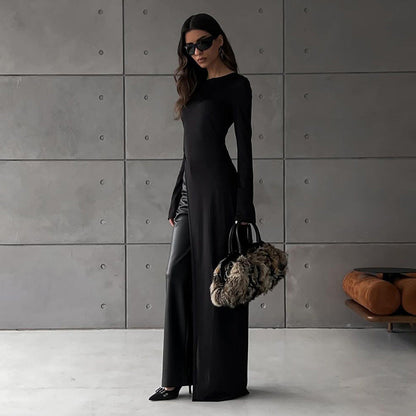 Irregular Asymmetric Slit Solid Color round Neck Long Sleeved