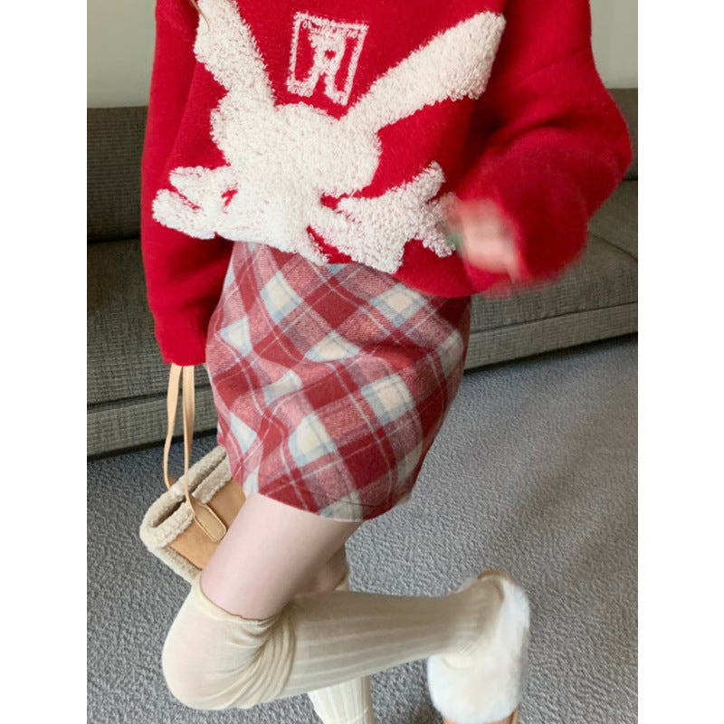 Plus Size Wool Plaid High Waist Christmas Skirt