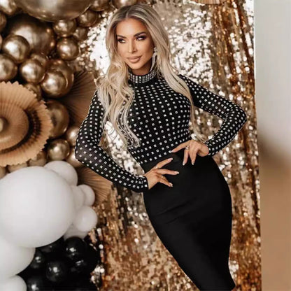 Mesh Stitching  Bandage One Piece Turtleneck Diamond Nightclub Party Dress