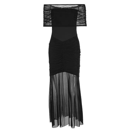 Tube Top Pleated Mesh Slim Fit Patchwork Dress Two Piece Set