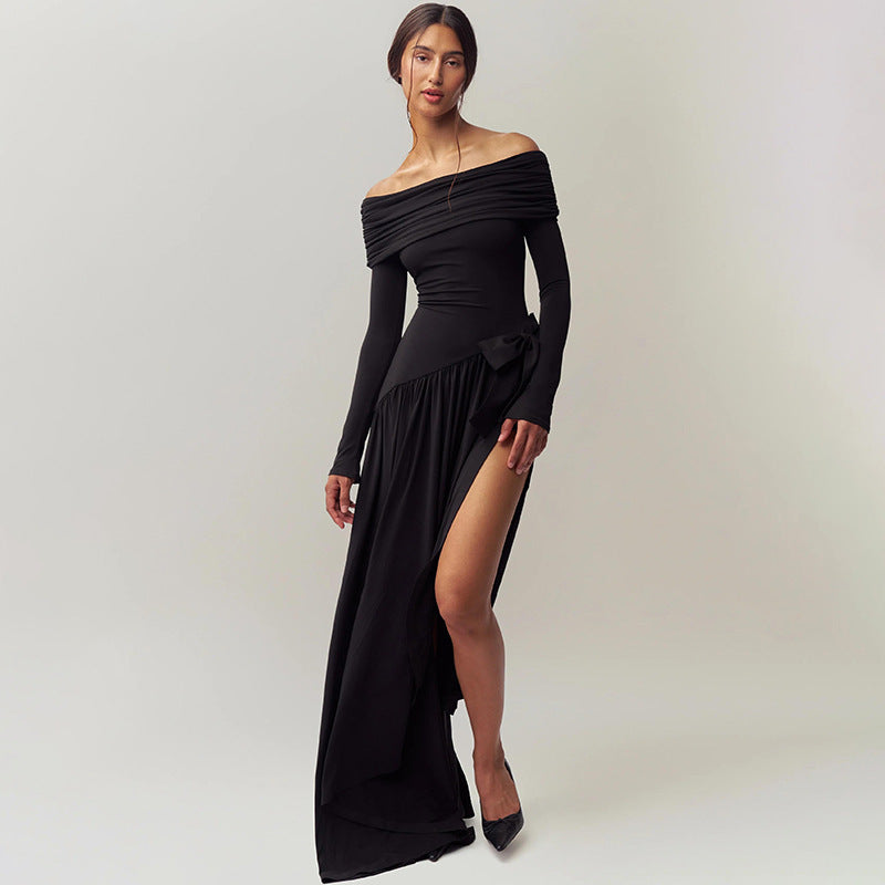 off Shoulder Hollow Out Cutout Solid Color Bow Long Sleeve Split