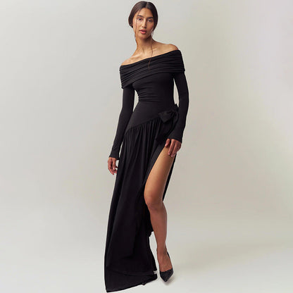 off Shoulder Hollow Out Cutout Solid Color Bow Long Sleeve Split
