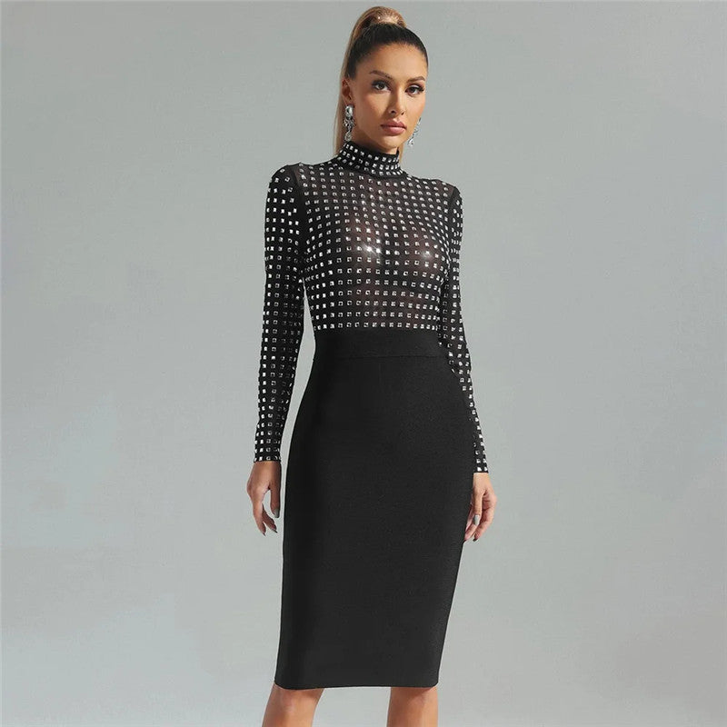 Mesh Stitching  Bandage One Piece Turtleneck Diamond Nightclub Party Dress