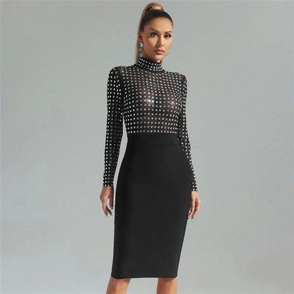 Mesh Stitching  Bandage One Piece Turtleneck Diamond Nightclub Party Dress