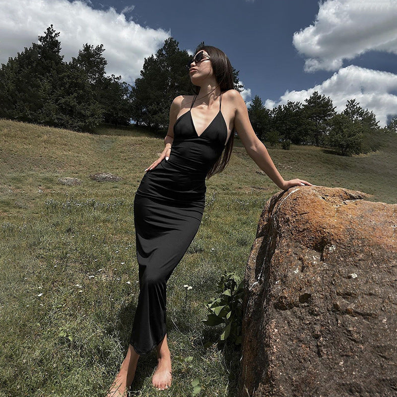 Fall Back Shaping Sling Vacation Deep V Plunge Neck Backless Maxi Dress