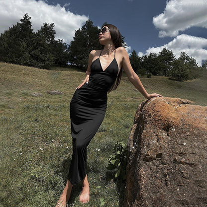 Fall Back Shaping Sling Vacation Deep V Plunge Neck Backless Maxi Dress