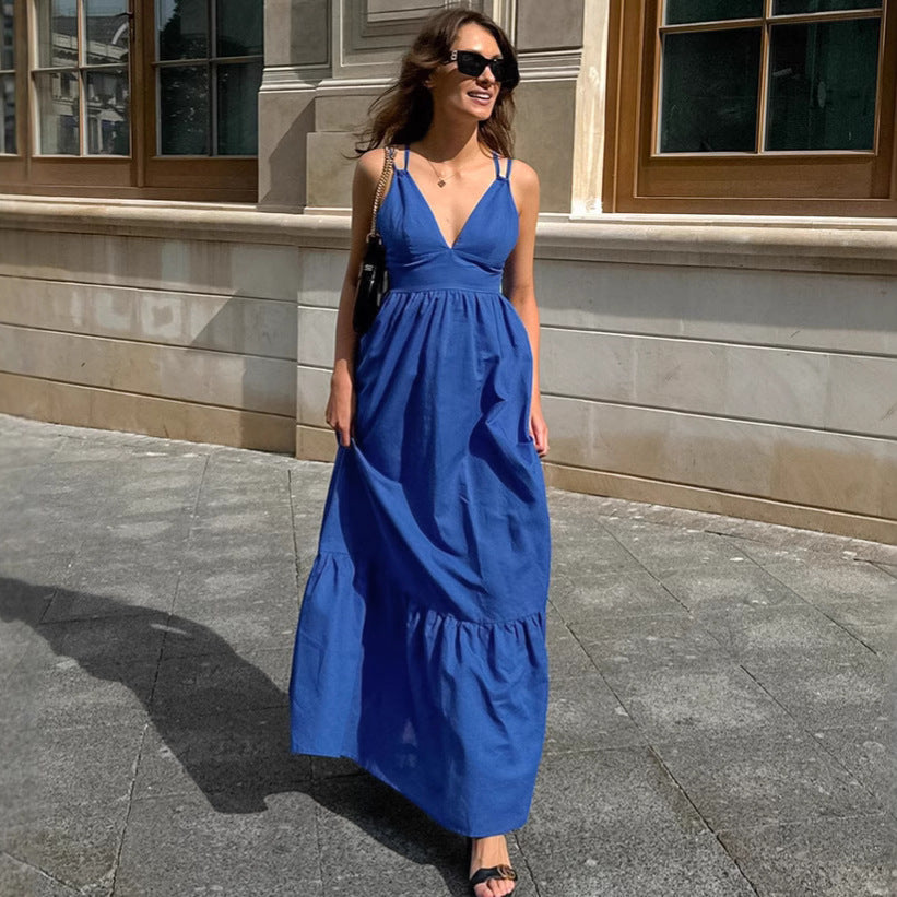 French Vacation Blue Cotton Linen V neck Strap Backless Dress Dress