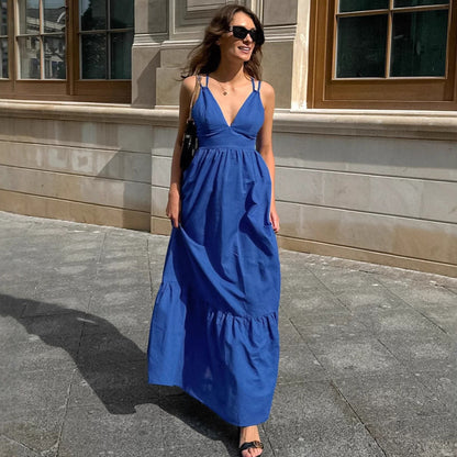 French Vacation Blue Cotton Linen V neck Strap Backless Dress Dress