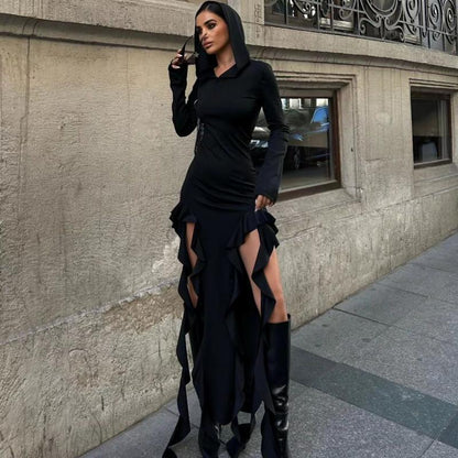 Popular Trend Ruffled Stitching Long Sleeve Hooded Irregular Asymmetric Dress