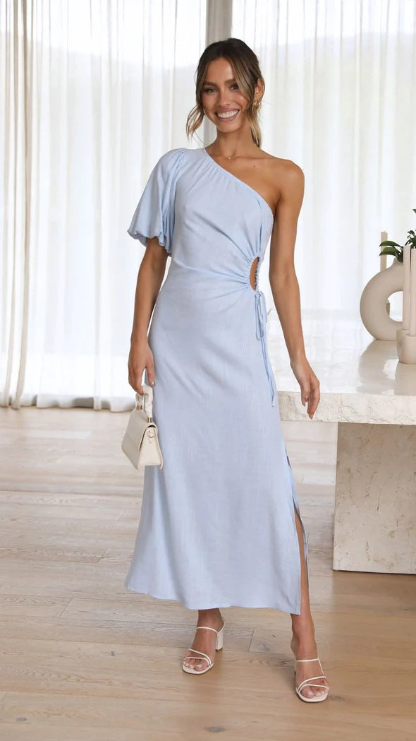 Fashionable Elegant Oblique Shoulder Puff Sleeve Side Slit Dress