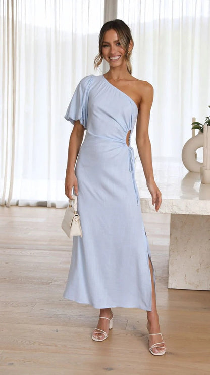 Fashionable Elegant Oblique Shoulder Puff Sleeve Side Slit Dress