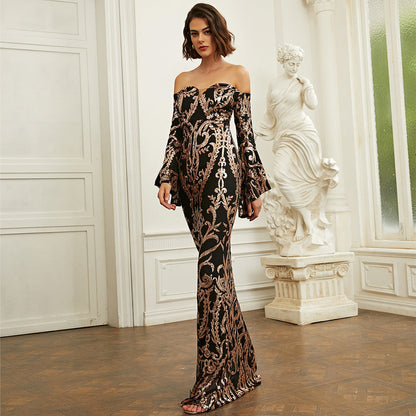 Long Sleeved Elegant Tight Long Sequined Slim Fit Off Neck Annual Party Evening