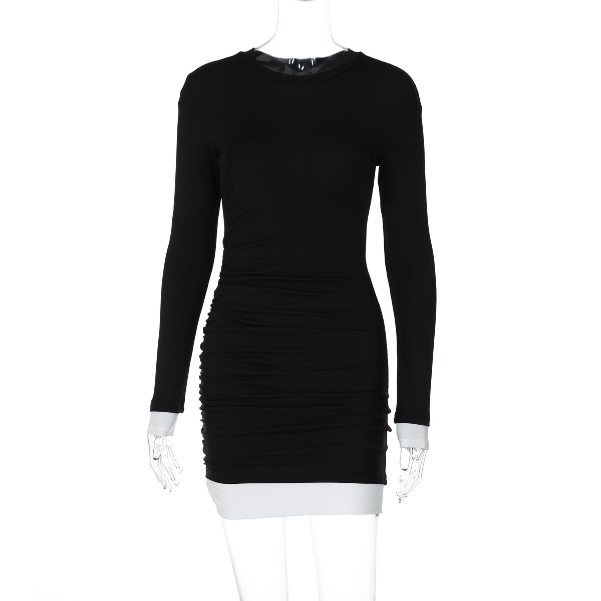 round Neck Long Sleeve Color Matching Pleated Slim Sheath Dress
