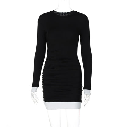 round Neck Long Sleeve Color Matching Pleated Slim Sheath Dress