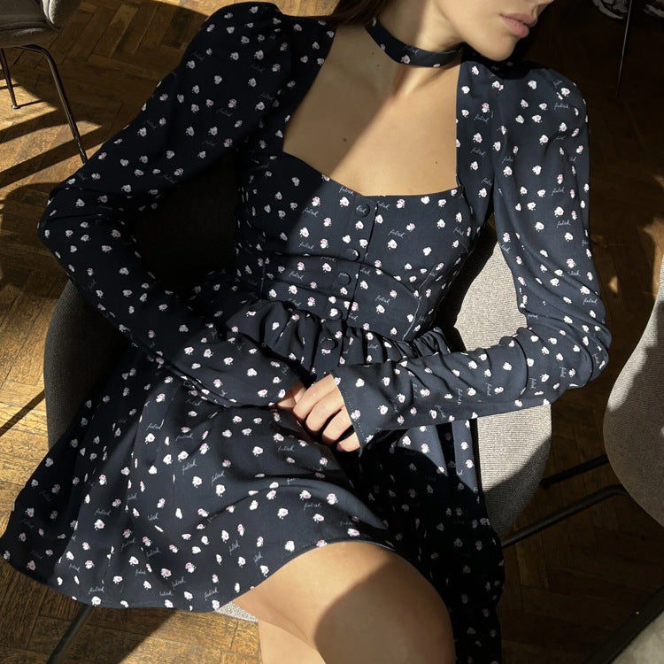 Tea Break French Dress Collar Square Collar Long Sleeve Printing Casual A line Dress