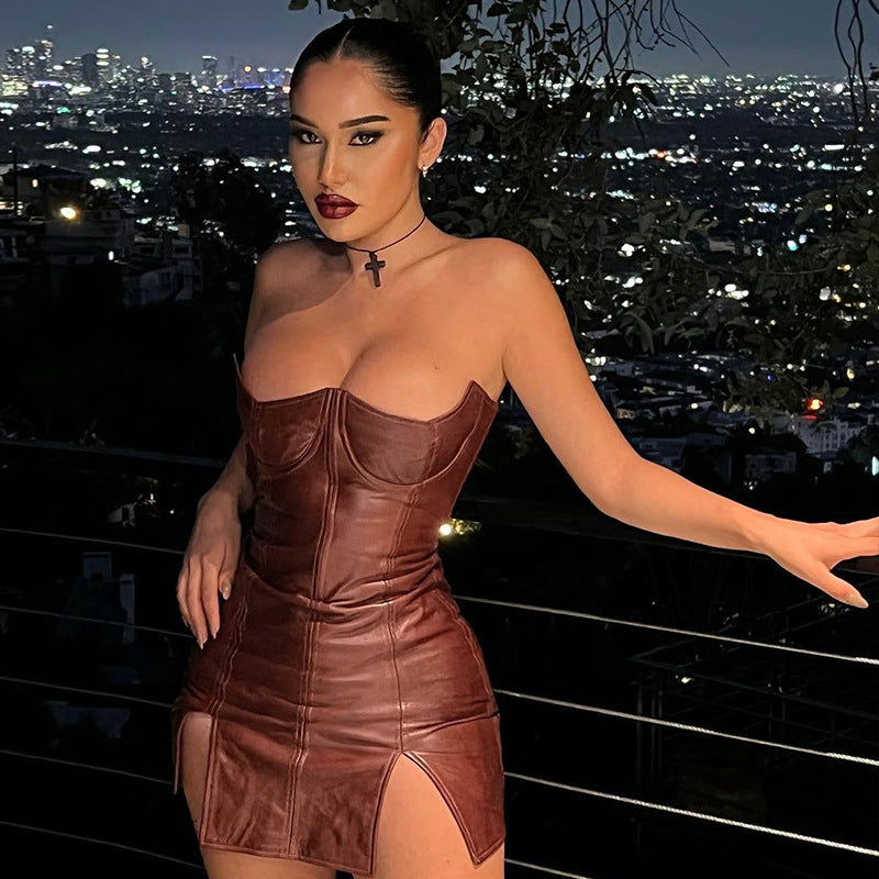 Faux Leather Personality Tube Top Skinny Sheath Sleeveless Backless