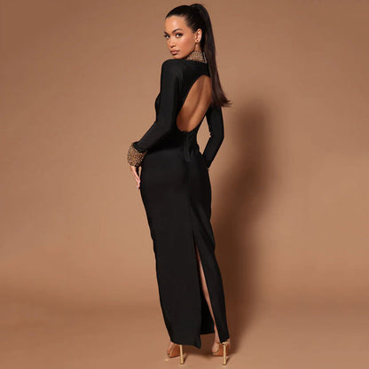 Diamond Bead Long Sleeve Bandage Dress Backless Party Cocktail Dress