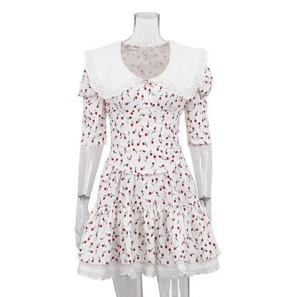 Peter Pan Collar Short Sleeve Floral Dress GracefulTight Waist Petti dress