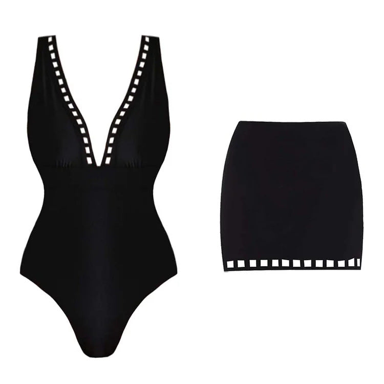 Black Pearl V-neck Swimsuit Set - Black