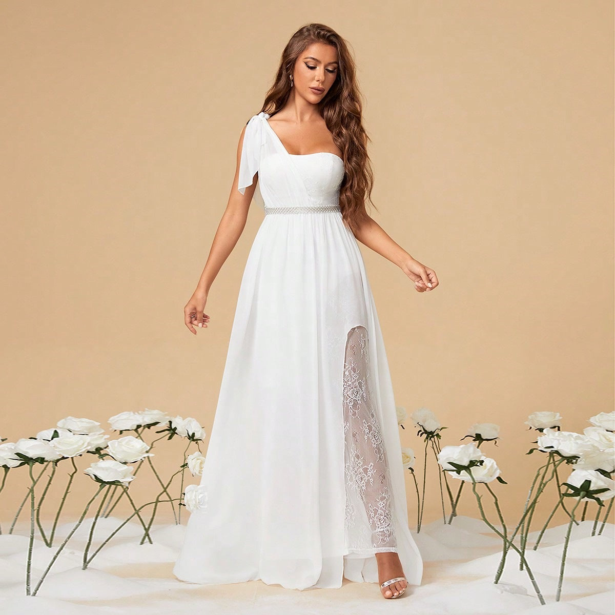 One Shoulder Dress White Slit See through Waist Slimming Annual Party Evening Dress