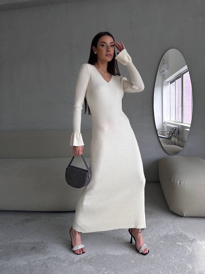 Long Sleeve V neck Tight Knitted Dress Solid Color Rib Fabric Wool Long  Dress