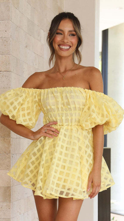 Backless off Shoulder Puff Sleeve High Waist Short Dress for