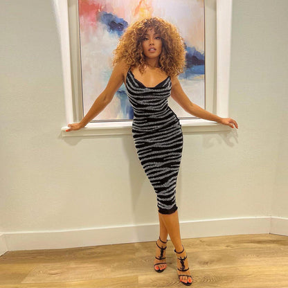 Sling Rhinestone Perspective Slim Dress