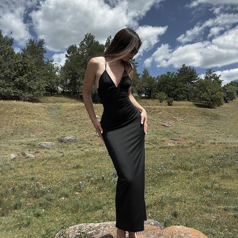 Fall Back Shaping Sling Vacation Deep V Plunge Neck Backless Maxi Dress