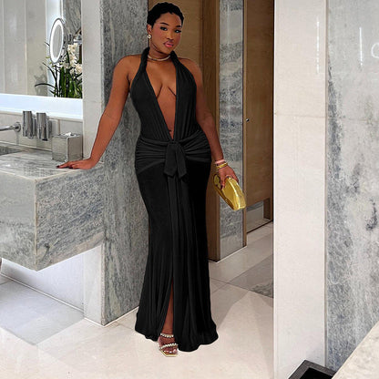 Backless Halter Deep V Plunge neck Solid Color Split