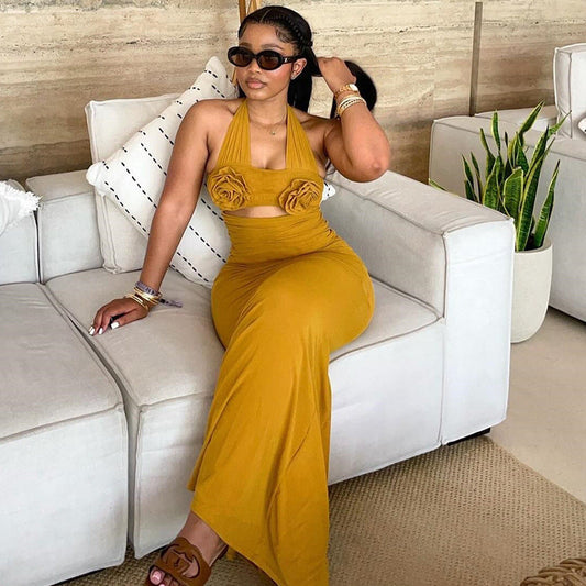 Sweet Fresh Halter Three Dimensional Floral Decoration High Waist One Step Dress Maxi Dress