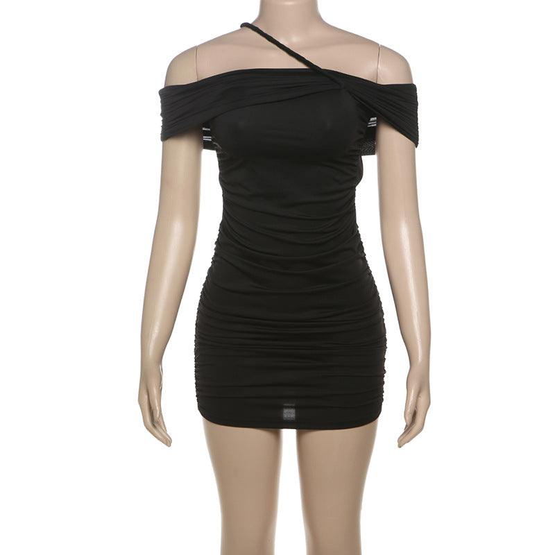 Solid Color Pleated off Shoulder Collar Tube Top Package Hip Dress