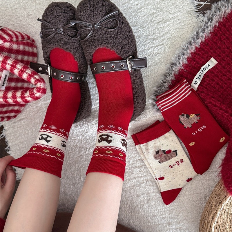 Red Retro Christmas Slouchy Crew Christmas Socks