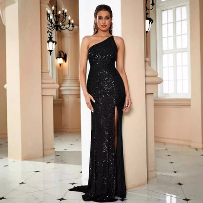 Sling Shoulder Black Dinner Sequ Dress