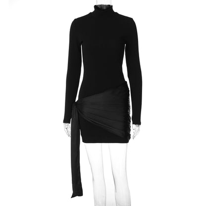 Short Long Sleeve Turtleneck Ribbon Slim Fit Sheath