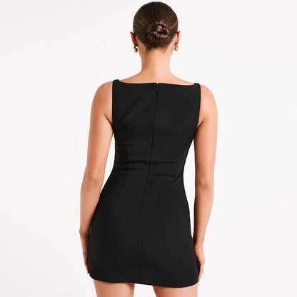 Solid Color Double Layer Woven Sleeveless Back Zipper Short Slim Fit Dress