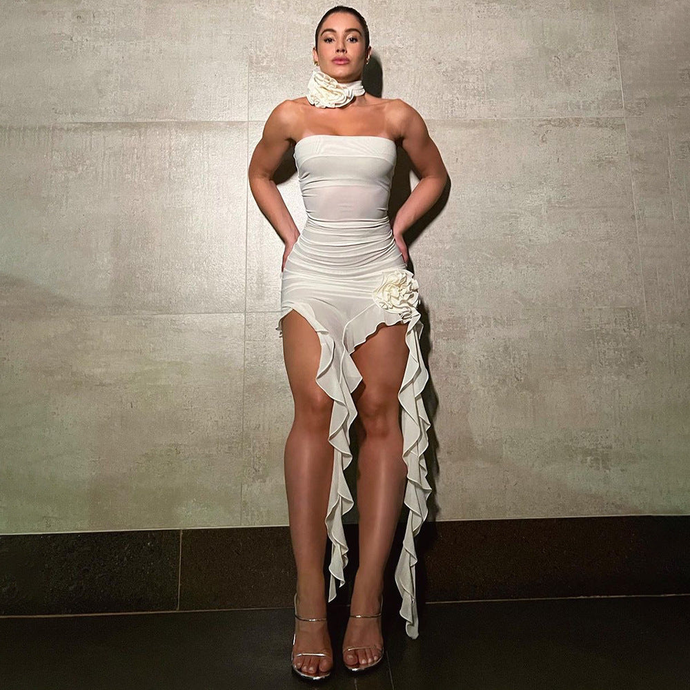 White Net Yarn Floral Ribbon Strapless Dress Blue Chiffon Dress