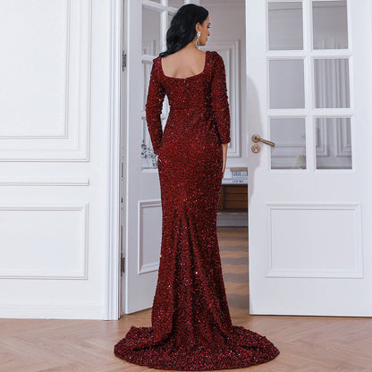 Fishtail Off Neck Long Sleeved Dress Mid Length Wedding Toast Dress Black Evening