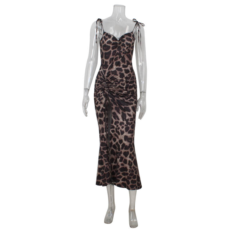 Leopard Print Printing Slip Dress High Waist Slit Sheath Dress