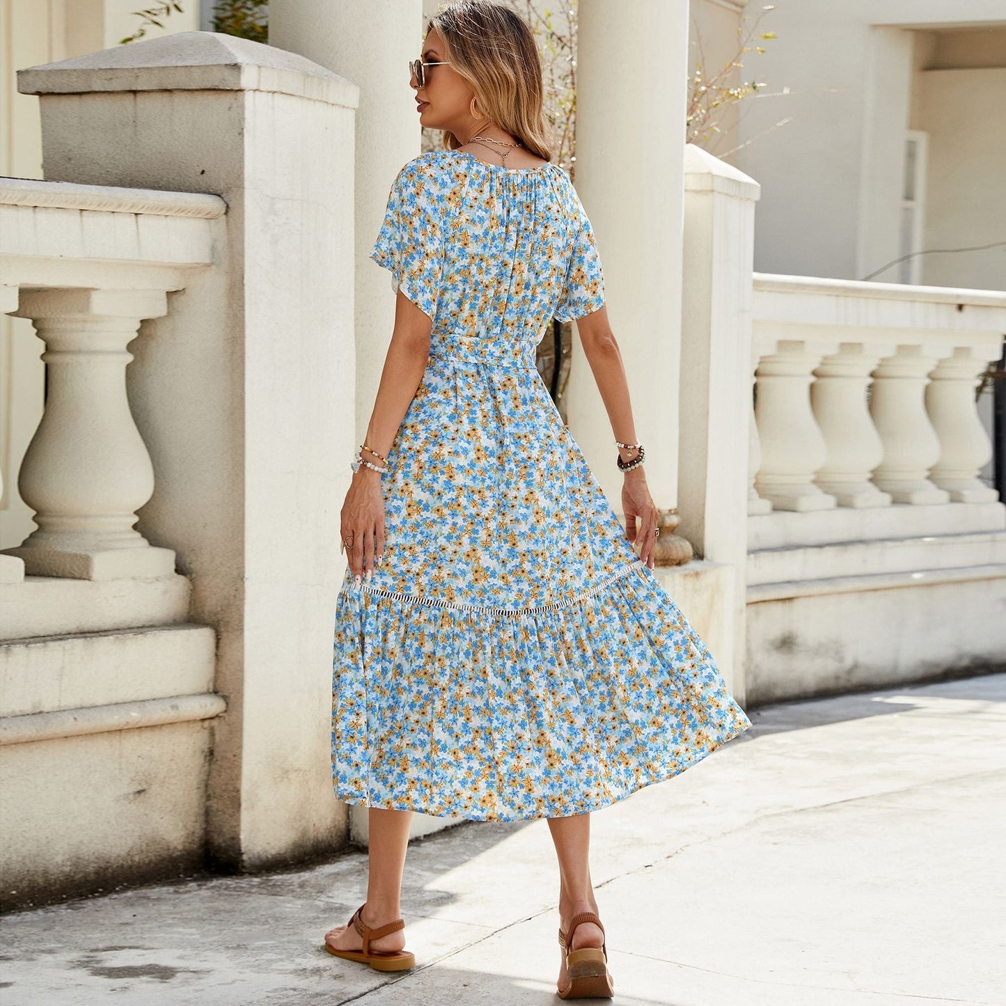 V neck Short Sleeve Hollow Out Cutout Lace Stitching Flounced Pastoral Vacation Dress