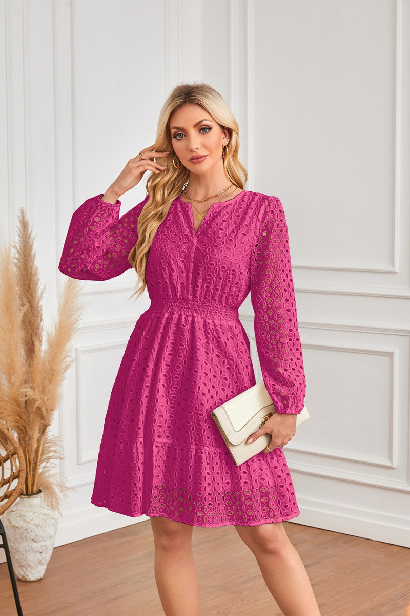 V Neck Hollow Out Cutout Eyelet Embroidery Pleated Long Sleeve Dress