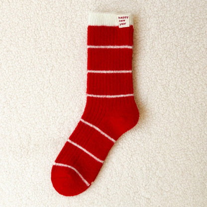 Embroidered Red Mid Calf Coral Fleece Cozy Christmas Socks